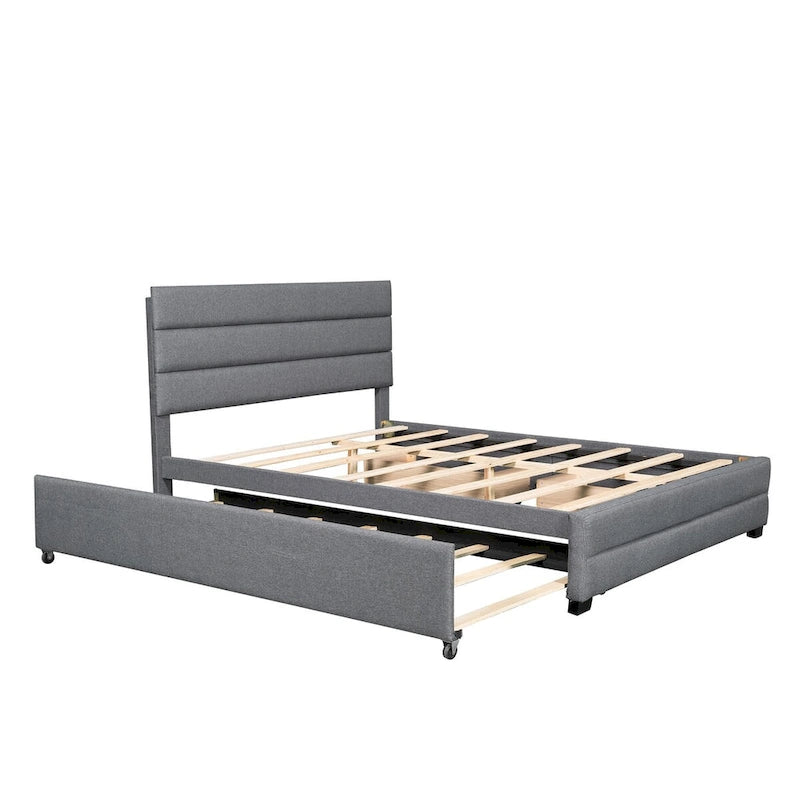 Lit plateforme double en lin beige/gris avec lit gigogne et 2 tiroirs, 2 couchages