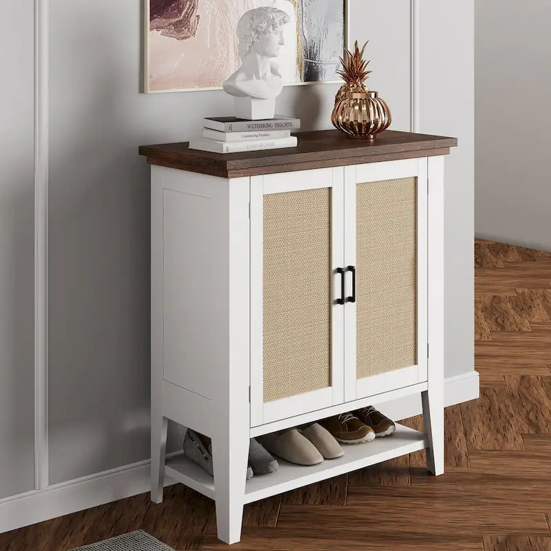 Meuble de rangement en rotin naturel/blanc avec portes et étagères, 2 portes