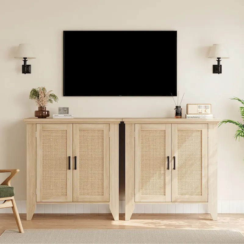 Meuble de rangement en rotin naturel/blanc avec portes et étagères, 2 portes