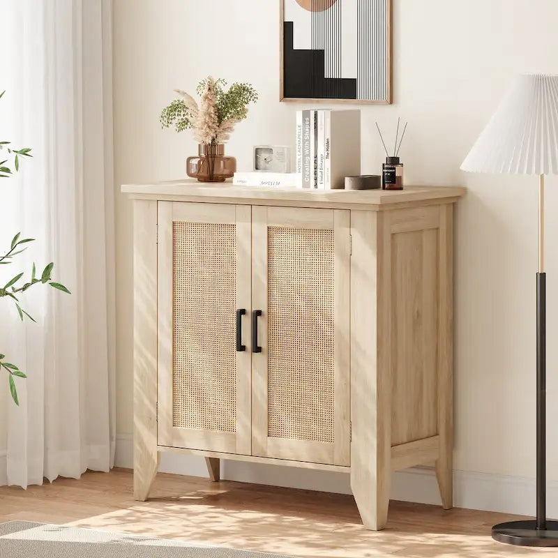 Meuble de rangement en rotin naturel/blanc avec portes et étagères, 2 portes