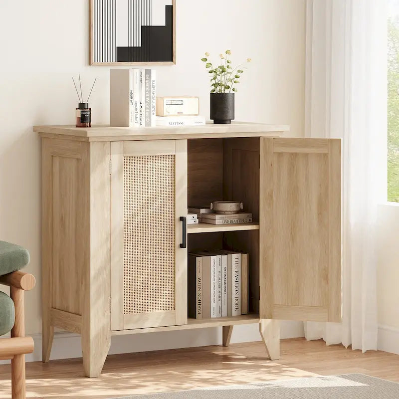 Meuble de rangement en rotin naturel/blanc avec portes et étagères, 2 portes