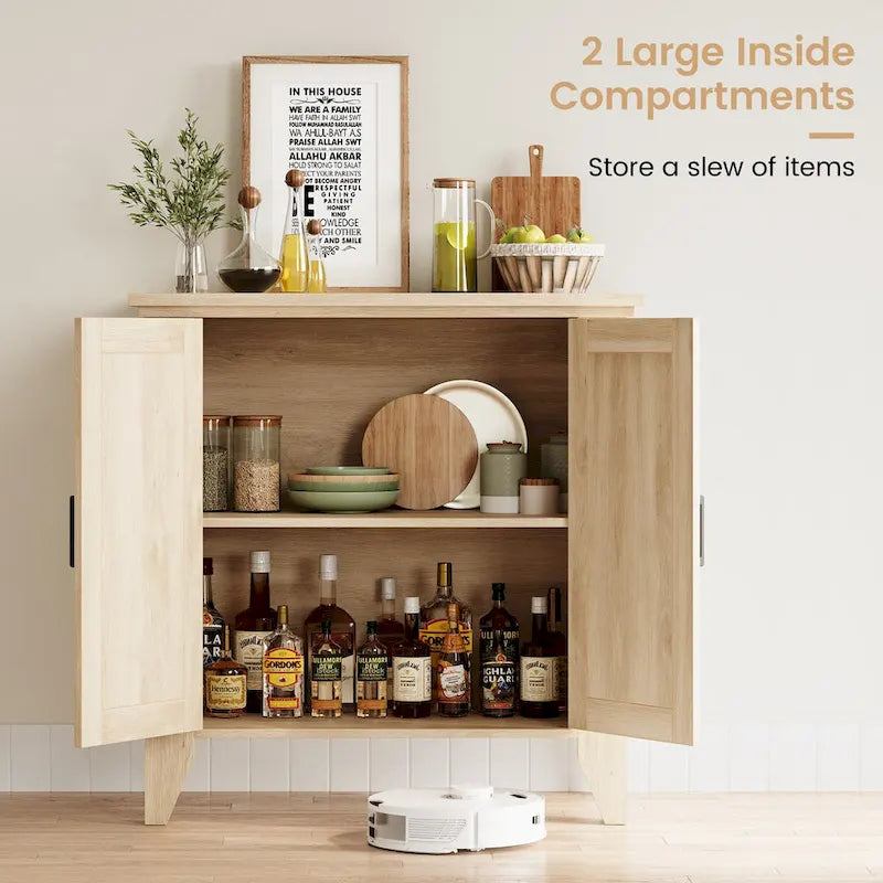 Meuble de rangement en rotin naturel/blanc avec portes et étagères, 2 portes