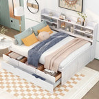 Full Size Wooden Captain Bed with Built-in Bookshelves,Three Storage Drawers and Trundle