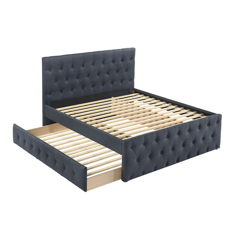 Lit jumeau capitonné en lin avec lit gigogne escamotable | Anthracite / Gris clair / Marron clair