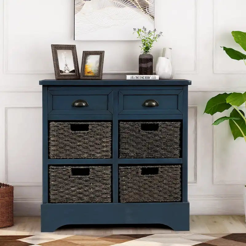 Meuble de rangement 2 tiroirs 4 paniers en rotin – Bleu marine vieilli / Gris-brun / Espresso / Blanc délavé / Blanc