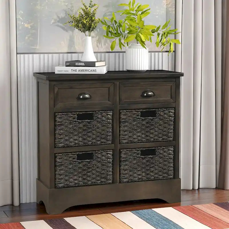 Meuble de rangement 2 tiroirs 4 paniers en rotin – Bleu marine vieilli / Gris-brun / Espresso / Blanc délavé / Blanc