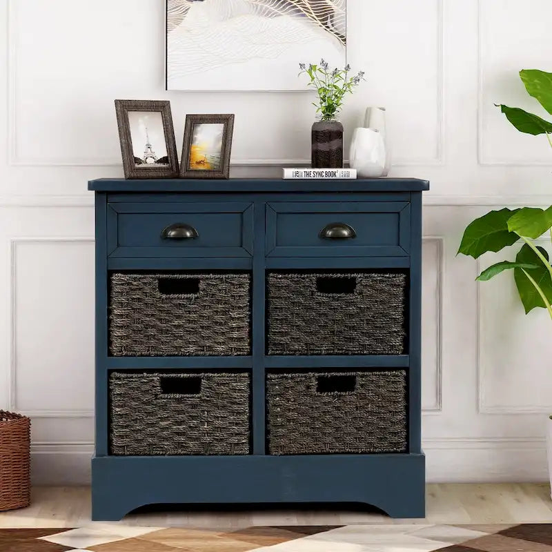 Meuble de rangement 2 tiroirs 4 paniers en rotin – Bleu marine vieilli / Gris-brun / Espresso / Blanc délavé / Blanc