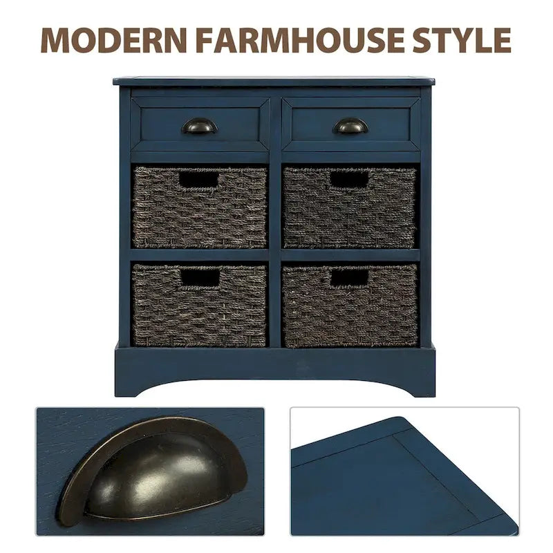 Meuble de rangement 2 tiroirs 4 paniers en rotin – Bleu marine vieilli / Gris-brun / Espresso / Blanc délavé / Blanc