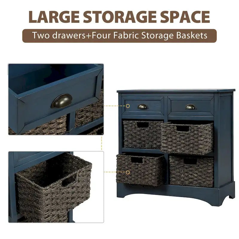 Meuble de rangement 2 tiroirs 4 paniers en rotin – Bleu marine vieilli / Gris-brun / Espresso / Blanc délavé / Blanc
