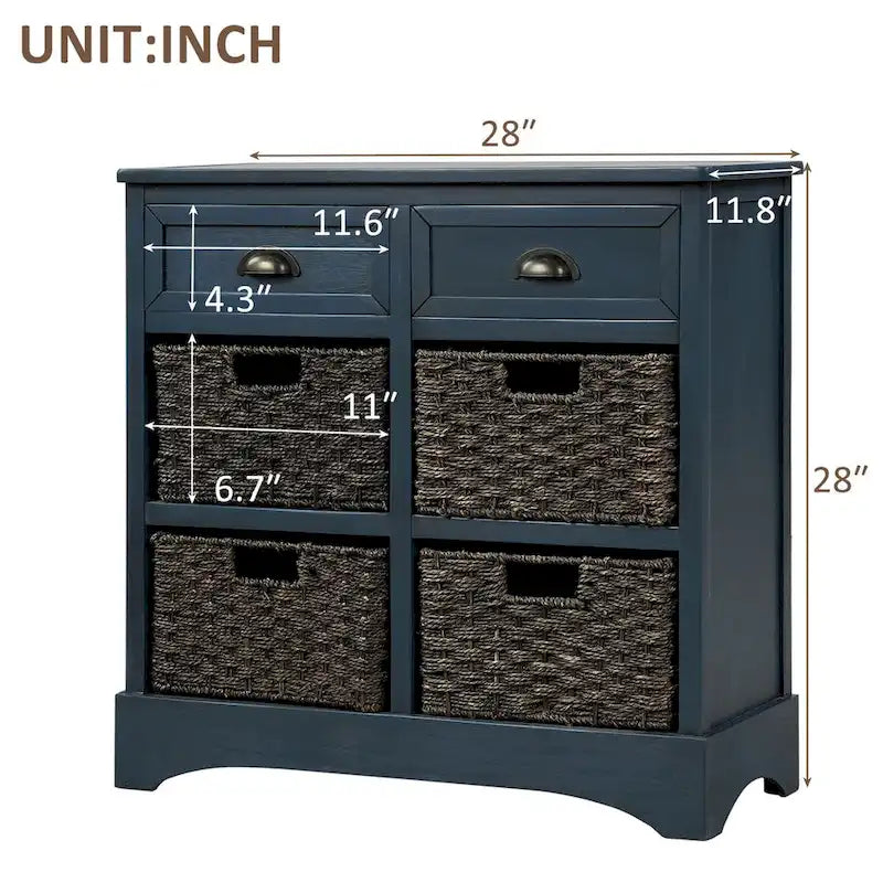Meuble de rangement 2 tiroirs 4 paniers en rotin – Bleu marine vieilli / Gris-brun / Espresso / Blanc délavé / Blanc