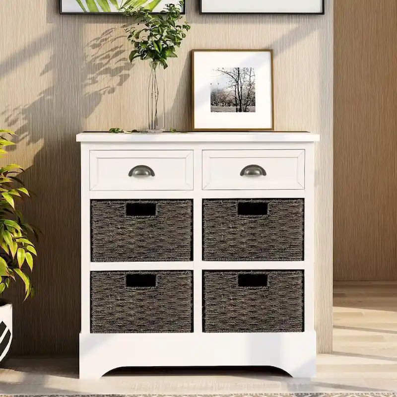 Meuble de rangement 2 tiroirs 4 paniers en rotin – Bleu marine vieilli / Gris-brun / Espresso / Blanc délavé / Blanc