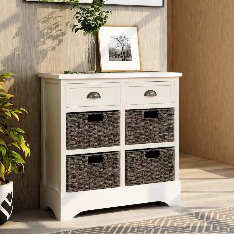 Meuble de rangement 2 tiroirs 4 paniers en rotin – Bleu marine vieilli / Gris-brun / Espresso / Blanc délavé / Blanc
