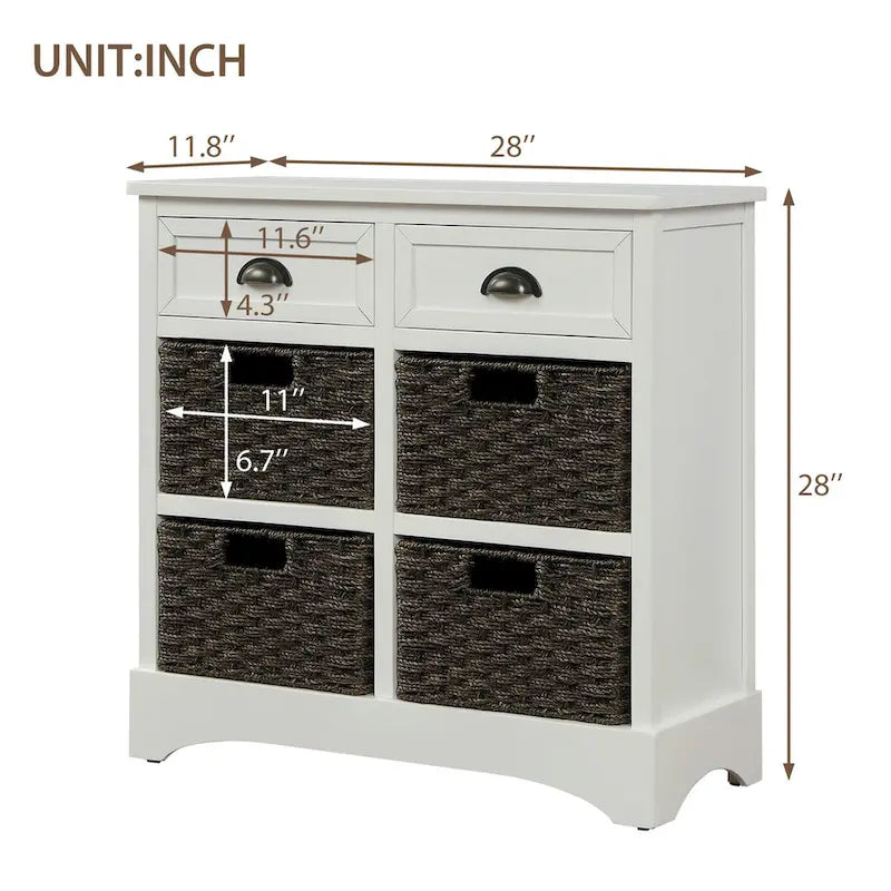 Meuble de rangement 2 tiroirs 4 paniers en rotin – Bleu marine vieilli / Gris-brun / Espresso / Blanc délavé / Blanc