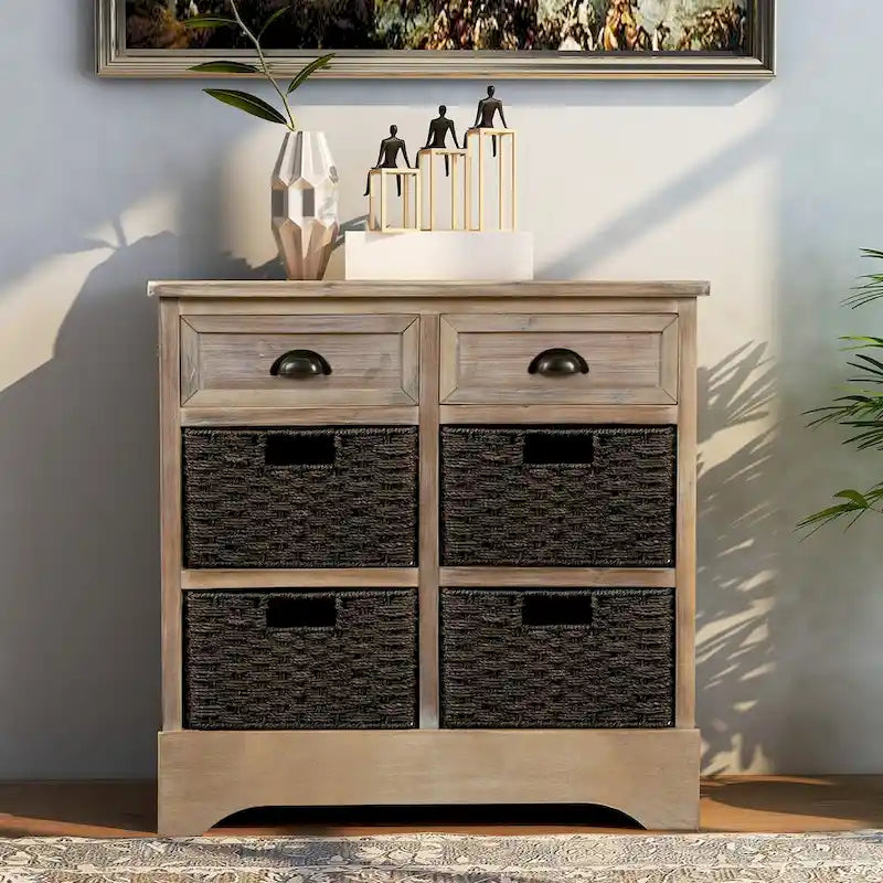 Meuble de rangement 2 tiroirs 4 paniers en rotin – Bleu marine vieilli / Gris-brun / Espresso / Blanc délavé / Blanc