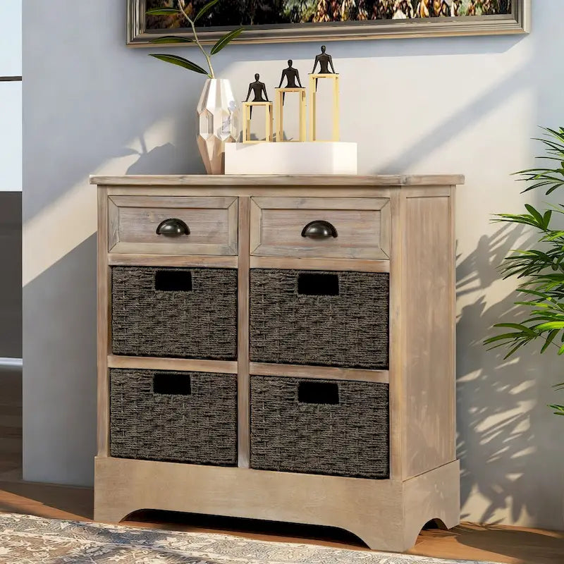 Meuble de rangement 2 tiroirs 4 paniers en rotin – Bleu marine vieilli / Gris-brun / Espresso / Blanc délavé / Blanc