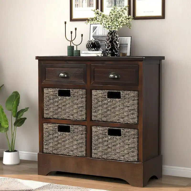Meuble de rangement 2 tiroirs 4 paniers en rotin – Bleu marine vieilli / Gris-brun / Espresso / Blanc délavé / Blanc