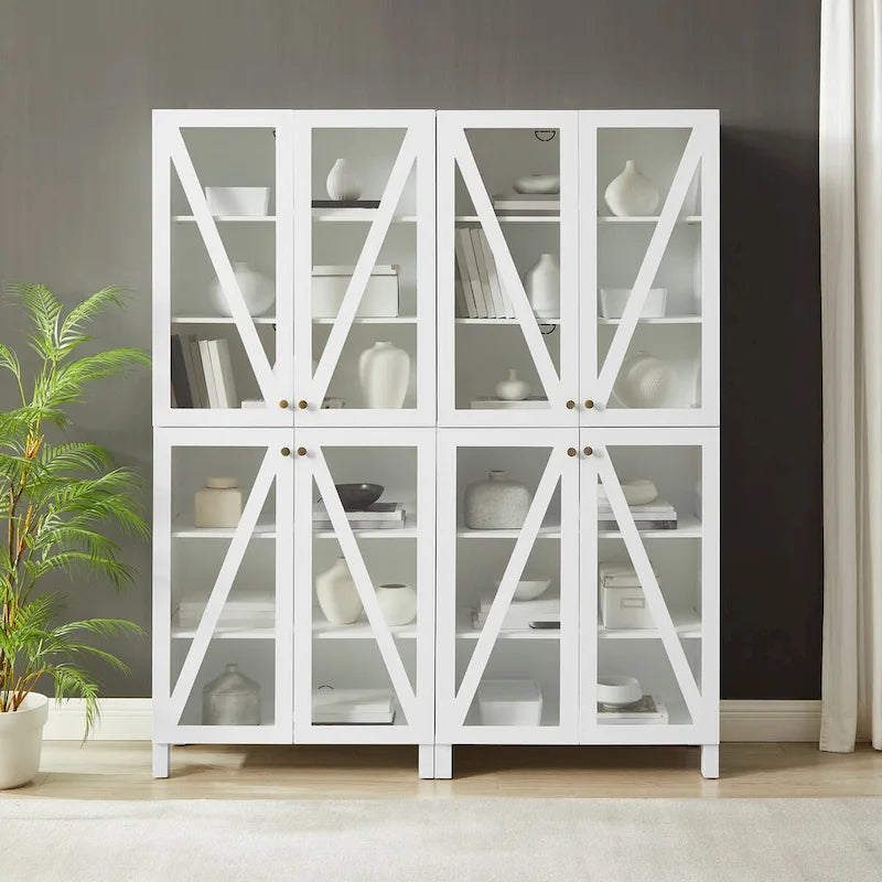 Ensemble de 2 armoires de rangement de style campagnard avec portes vitrées, blanc
