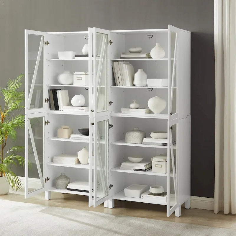 Ensemble de 2 armoires de rangement de style campagnard avec portes vitrées, blanc