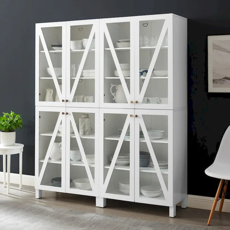 Ensemble de 2 armoires de rangement de style campagnard avec portes vitrées, blanc