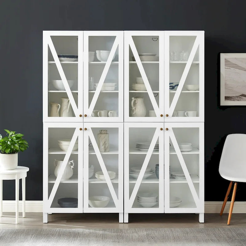 Ensemble de 2 armoires de rangement de style campagnard avec portes vitrées, blanc