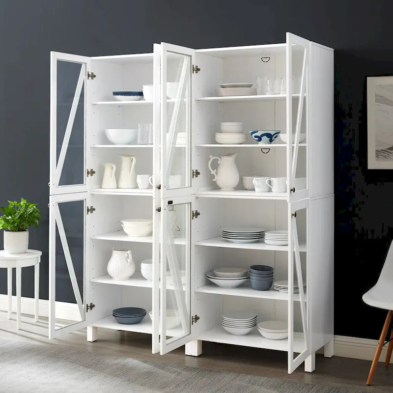 Ensemble de 2 armoires de rangement de style campagnard avec portes vitrées, blanc