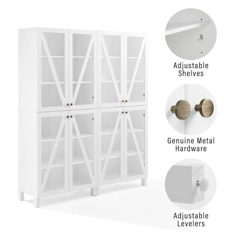 Ensemble de 2 armoires de rangement de style campagnard avec portes vitrées, blanc
