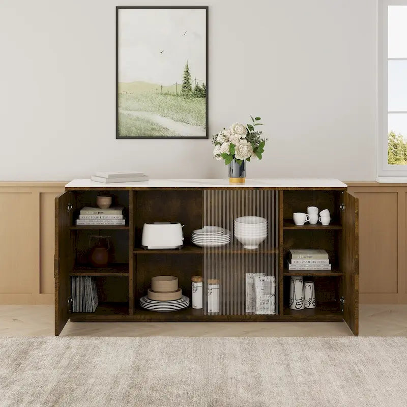 Meuble d'appoint en bois blanc et noir et brun avec 2 portes pleines et 1 porte vitrée