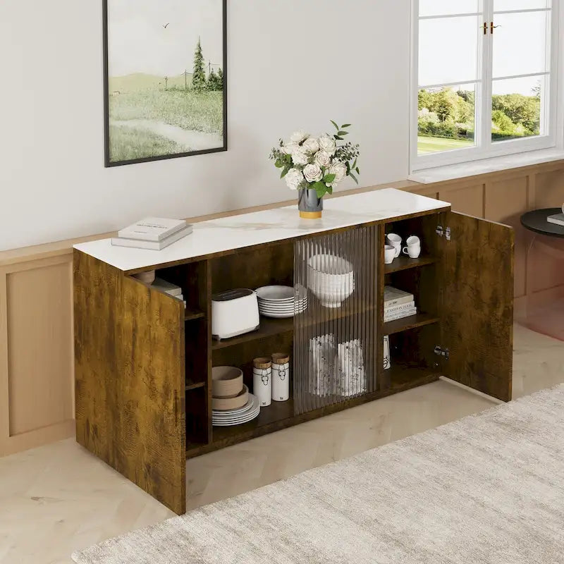 Meuble d'appoint en bois blanc et noir et brun avec 2 portes pleines et 1 porte vitrée