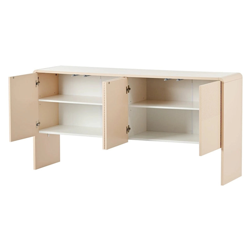 Buffet 4 portes blanc/crème abricot avec étagères réglables, ouverture par pression, montage par 1 personne