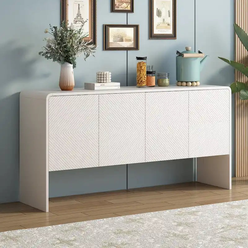 Buffet 4 portes blanc/crème abricot avec étagères réglables, ouverture par pression, montage par 1 personne