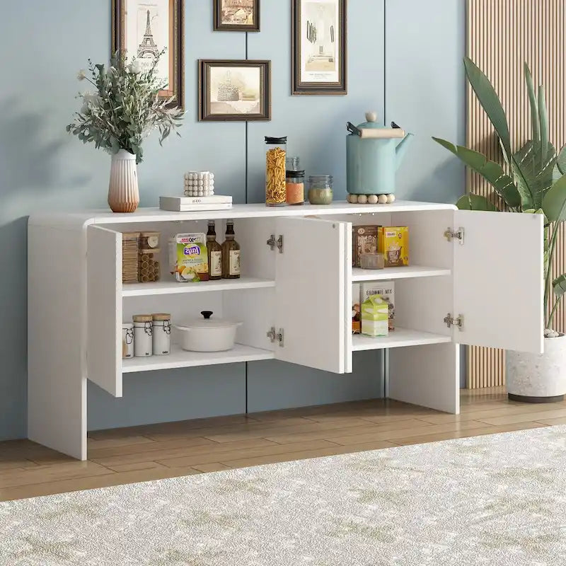 Buffet 4 portes blanc/crème abricot avec étagères réglables, ouverture par pression, montage par 1 personne