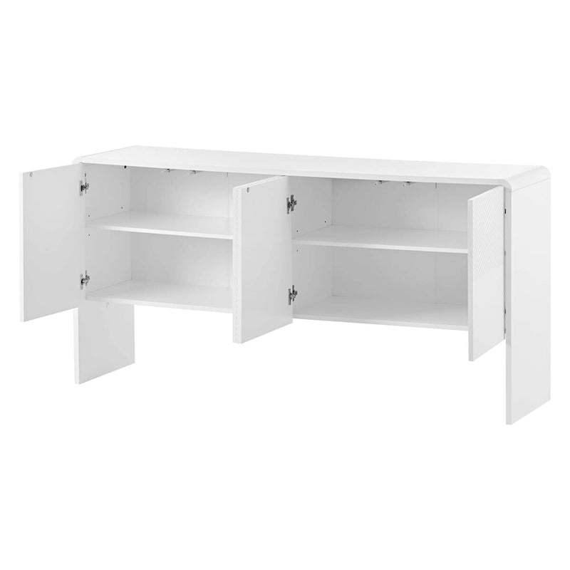 Buffet 4 portes blanc/crème abricot avec étagères réglables, ouverture par pression, montage par 1 personne