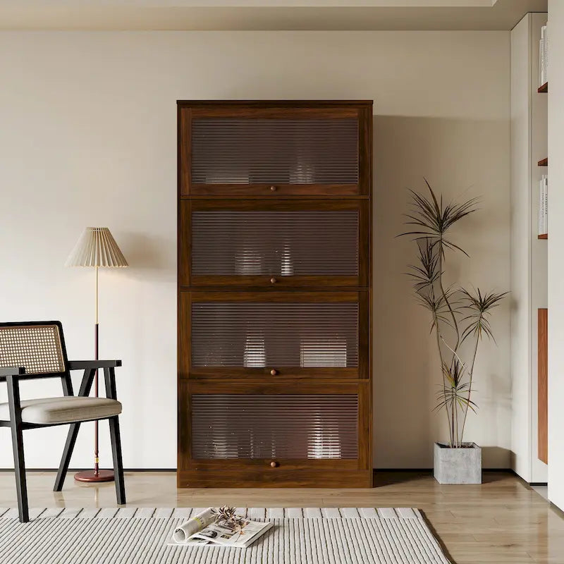 Meuble de rangement à porte vitrée noyer/blanc – Style abattant, assemblage par 1 personne