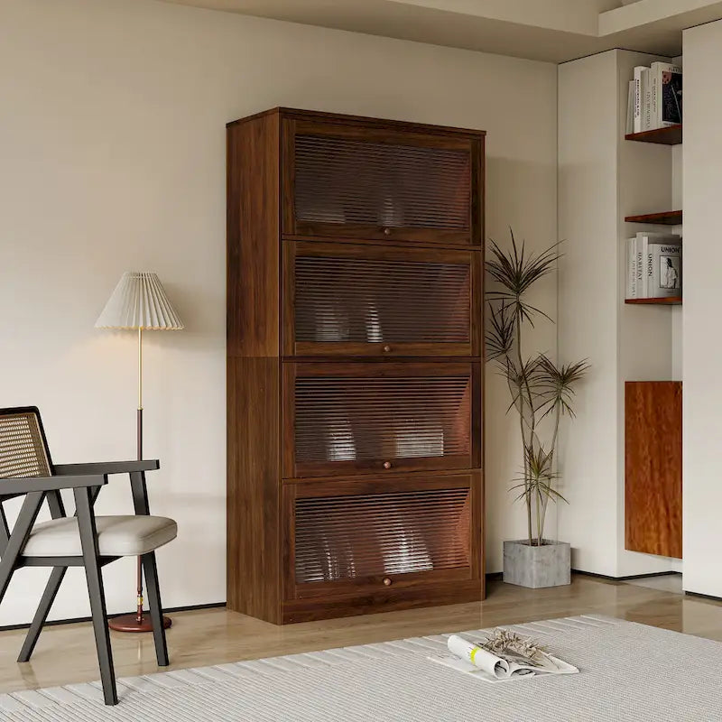 Meuble de rangement à porte vitrée noyer/blanc – Style abattant, assemblage par 1 personne