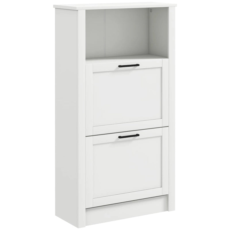 Meuble à chaussures étroit blanc avec étagère ouverte et 2 tiroirs basculants, capacité de 10 paires
