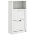 Meuble à chaussures étroit blanc avec étagère ouverte et 2 tiroirs basculants, capacité de 10 paires