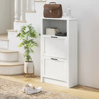 Meuble à chaussures étroit blanc avec étagère ouverte et 2 tiroirs basculants, capacité de 10 paires