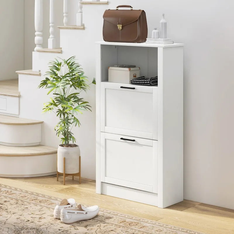 Meuble à chaussures étroit blanc avec étagère ouverte et 2 tiroirs basculants, capacité de 10 paires