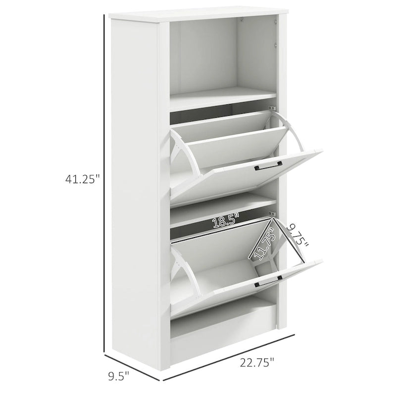 Meuble à chaussures étroit blanc avec étagère ouverte et 2 tiroirs basculants, capacité de 10 paires