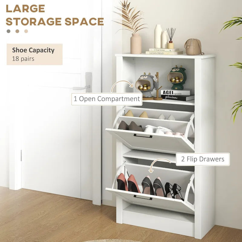 Meuble à chaussures étroit blanc avec étagère ouverte et 2 tiroirs basculants, capacité de 10 paires