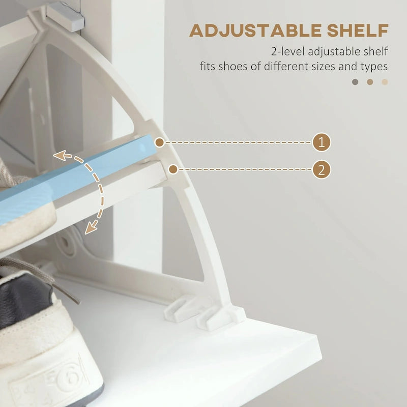 Meuble à chaussures étroit blanc avec étagère ouverte et 2 tiroirs basculants, capacité de 10 paires