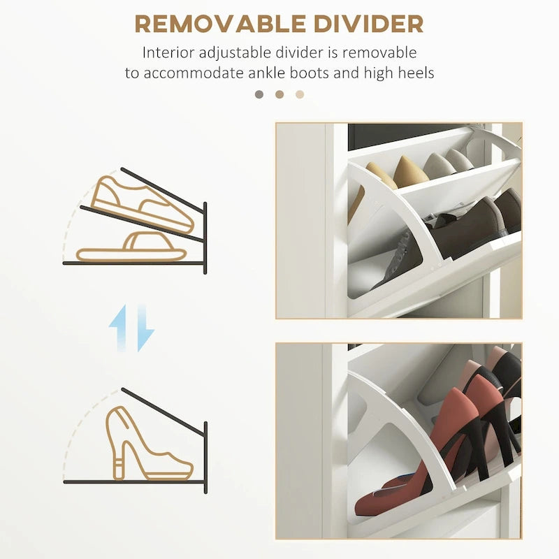 Meuble à chaussures étroit blanc avec étagère ouverte et 2 tiroirs basculants, capacité de 10 paires