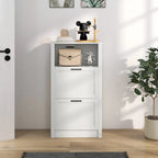 Meuble à chaussures étroit blanc avec étagère ouverte et 2 tiroirs basculants, capacité de 10 paires