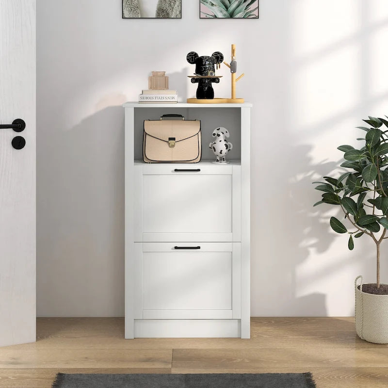 Meuble à chaussures étroit blanc avec étagère ouverte et 2 tiroirs basculants, capacité de 10 paires