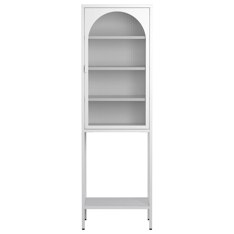 Meuble de rangement vitré à porte arquée (blanche/noire) en métal, 5 étagères, montage par 1 personne