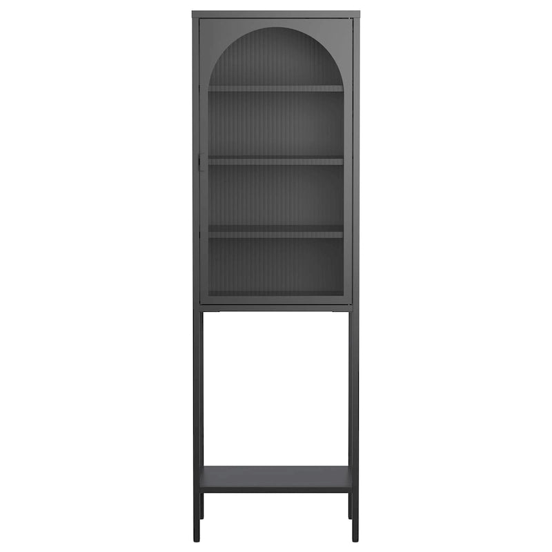 Meuble de rangement vitré à porte arquée (blanche/noire) en métal, 5 étagères, montage par 1 personne