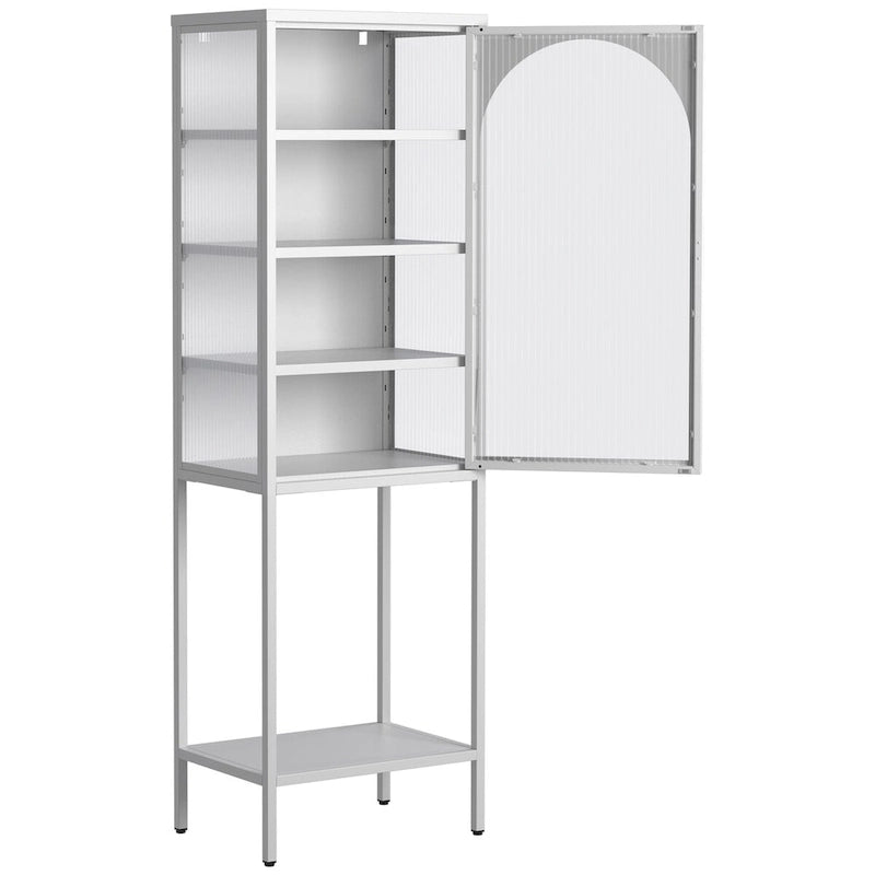 Meuble de rangement vitré à porte arquée (blanche/noire) en métal, 5 étagères, montage par 1 personne
