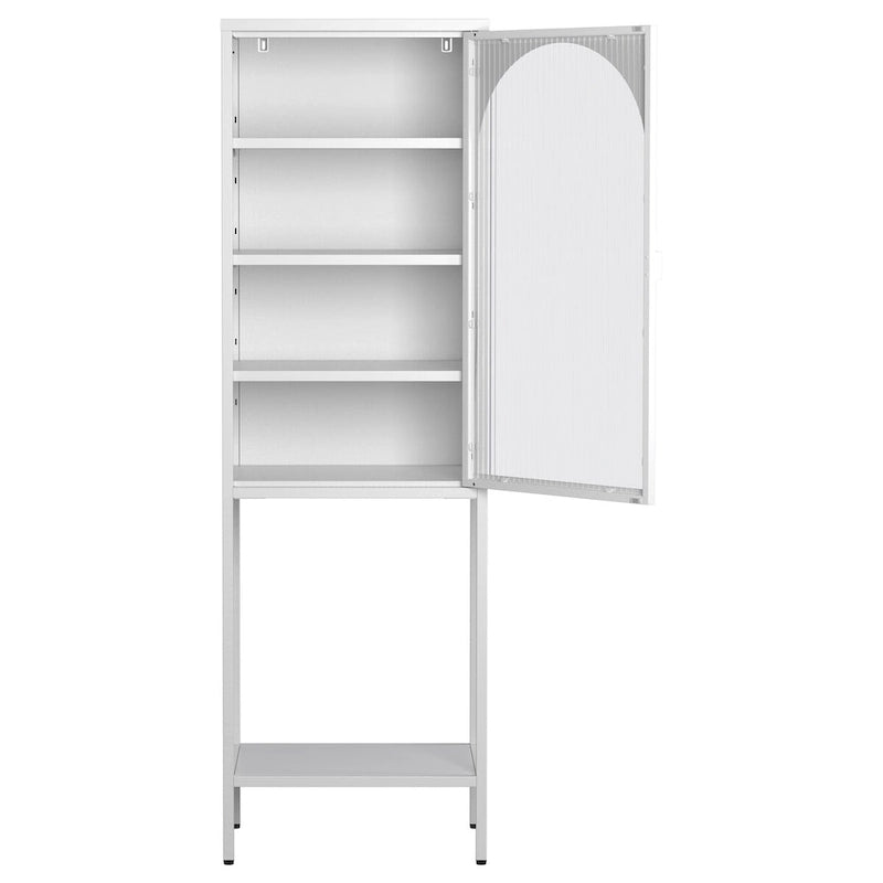 Meuble de rangement vitré à porte arquée (blanche/noire) en métal, 5 étagères, montage par 1 personne