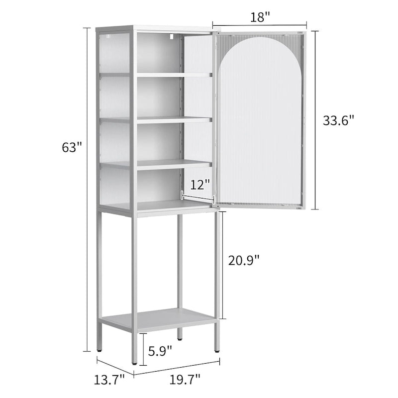Meuble de rangement vitré à porte arquée (blanche/noire) en métal, 5 étagères, montage par 1 personne