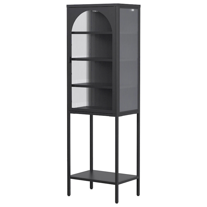 Meuble de rangement vitré à porte arquée (blanche/noire) en métal, 5 étagères, montage par 1 personne